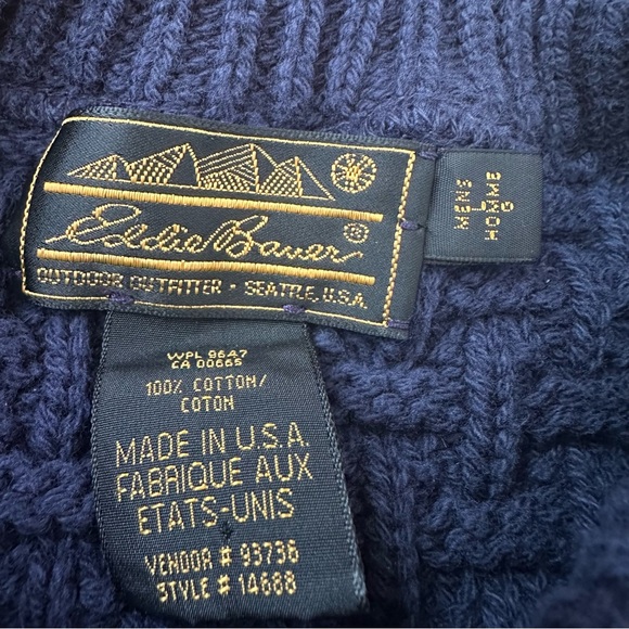Vintage Eddie Bauer Men’s L Blue Basketweave Knit Sweater Made in USA Cotton - Picture 4 of 13